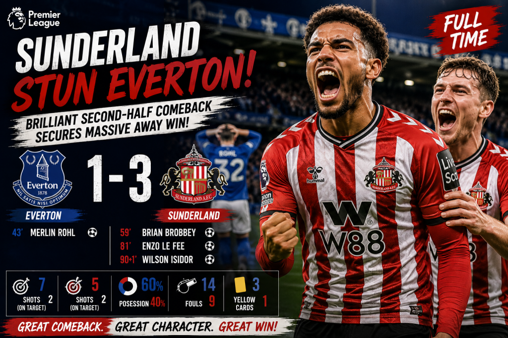 Sunderland Fight Back to Shock Everton 3-1 at Goodison Park