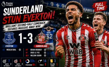 Sunderland Fight Back to Shock Everton 3-1 at Goodison Park