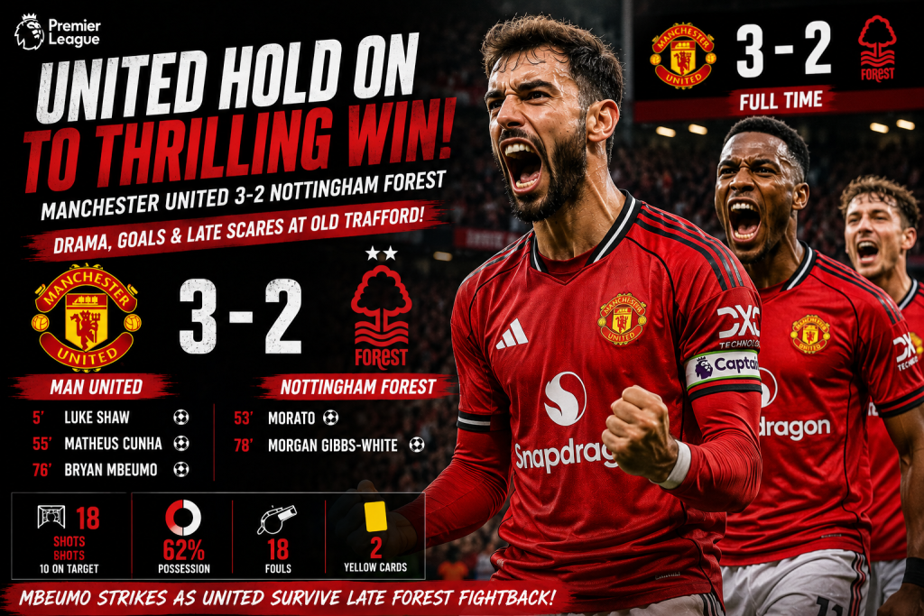 Manchester United Survive Late Scare to Defeat Nottingham Forest 3-2 at Old Trafford Manchester United Survive Late Scare to Defeat Nottingham Forest 3-2 at Old Trafford
