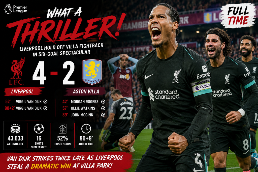 Liverpool FC Survive Aston Villa FC Scare in Dramatic 4-2 Premier League