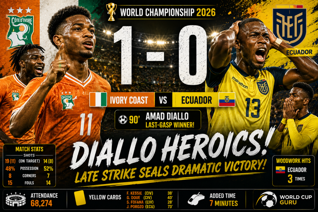 Ivory Coast 1-0 Ecuador: Amad Diallo Scores Dramatic Late Winner in World Championship 2026 Clash
